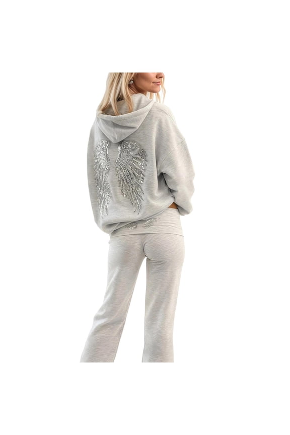 Women's Sequin Angel Wings Hoodie Sweatsuits 2 Piece Outfit 2025 Trendy Baggy Sweatpants Long Sleeve Loungewear Outfit Light Gray L