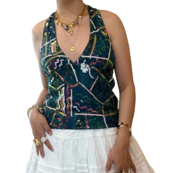 Women’s Sequin Beaded Halter Top, V-Neck Sleeveless Embroidered Tank Top