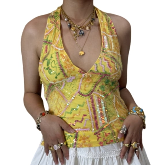 Women’s Sequin Beaded Halter Top, V-Neck Sleeveless Embroidered Tank Top