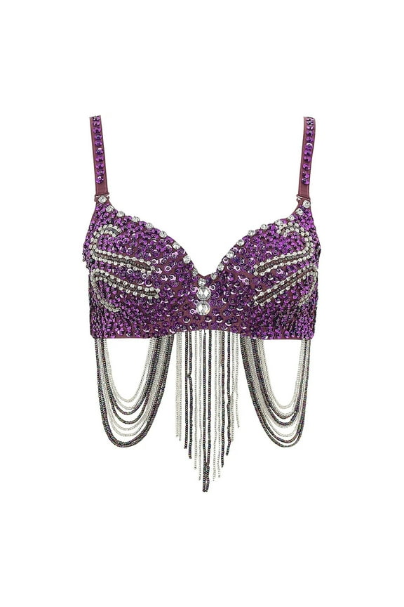 Women's Sequin Beads Bra Crop Top Fringe Rhinestone Sequin Club Bra Spaghetti Straps Underwire Push Up Bustier