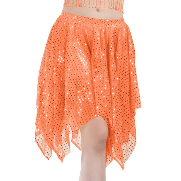 Women's Sequin Belly Skirt Glitter Handkerchief Hem High Waisted Stretch Skirt Orange Free Size