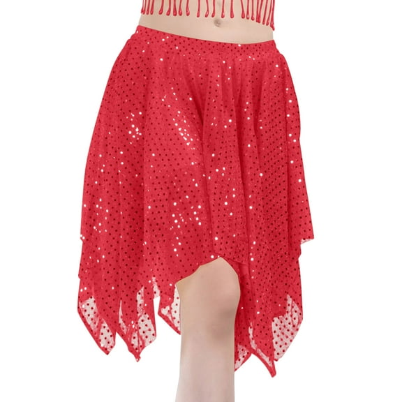Women's Sequin Belly Skirt Glitter Handkerchief Hem High Waisted Stretch Skirt Red Free Size