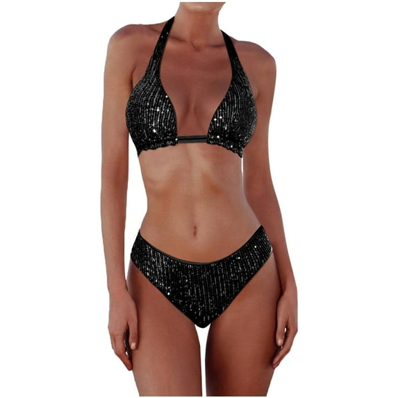 Women's Sequin Bikini - Triangle Top with Tassel Trim, High Rise Briefs, Removable Padding - Multi-Color Swimwear