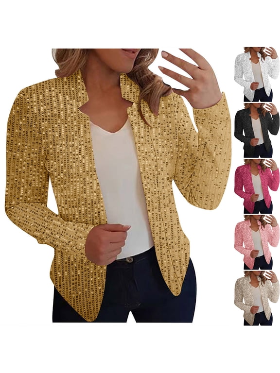 Women's Sequin Blazer Jacket Long Sleeve Lapel Collar Open Front Sparkle Shiny Outerwear Coat Fall Winter Casual Dressy Party Blazer for Women