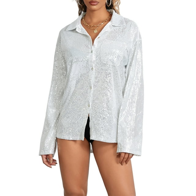 Women's Sequin Blouse Button Down Shirt Tunic Long Sleeve Glitter Tops Sparkle Shimmer Shirt Tees