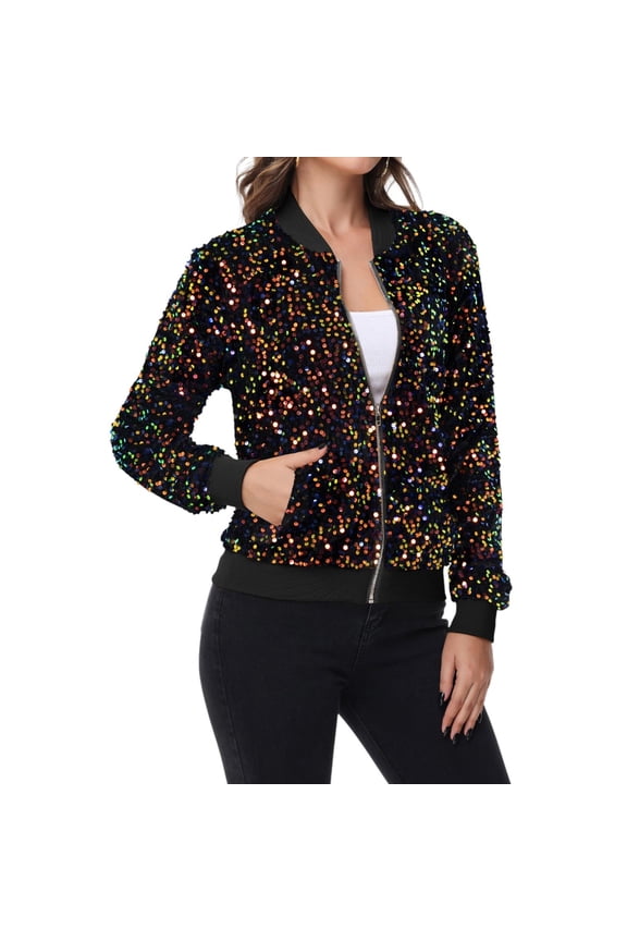 Women's Sequin Bomber Jacket Zip Front Ribbed Cuffs and Hem Pockets - 2X, Multicolor