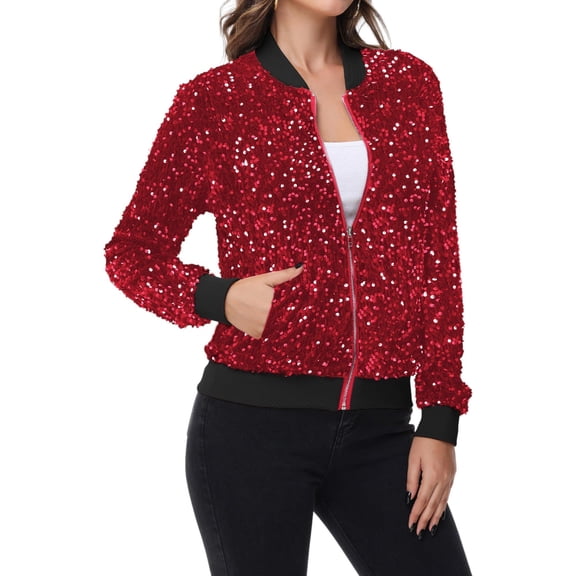 Women's Sequin Bomber Jacket Zip Front Ribbed Cuffs and Hem Pockets- Large, Red