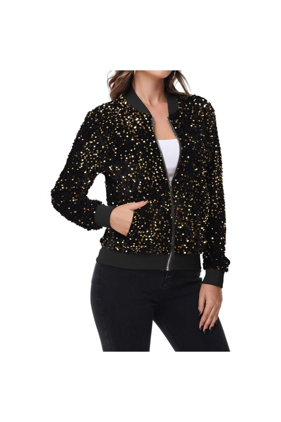 Women's Sequin Bomber Jacket Zip Front Ribbed Cuffs and Hem Pockets- Medium, Black and Gold