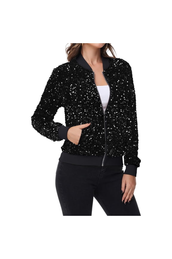 Women's Sequin Bomber Jacket Zip Front Ribbed Cuffs and Hem Pockets- Medium, Black
