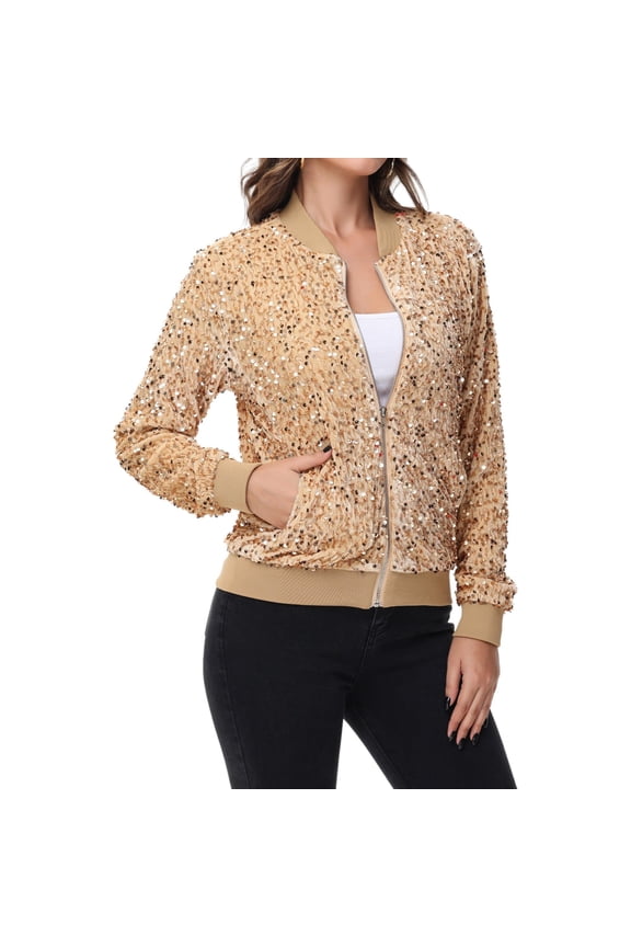 Women's Sequin Bomber Jacket Zip Front Ribbed Cuffs and Hem Pockets- Medium, Gold