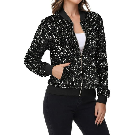 Women's Sequin Bomber Jacket Zip Front Ribbed Cuffs and Hem Pockets - Small, Black and Silver