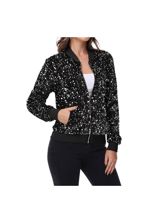 Women's Sequin Bomber Jacket Zip Front Ribbed Cuffs and Hem Pockets - Small, Black and Silver