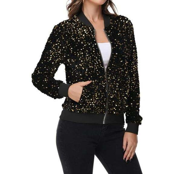 Women's Sequin Bomber Jacket Zip Front Ribbed Cuffs and Hem Pockets- XX Large, Black and Gold