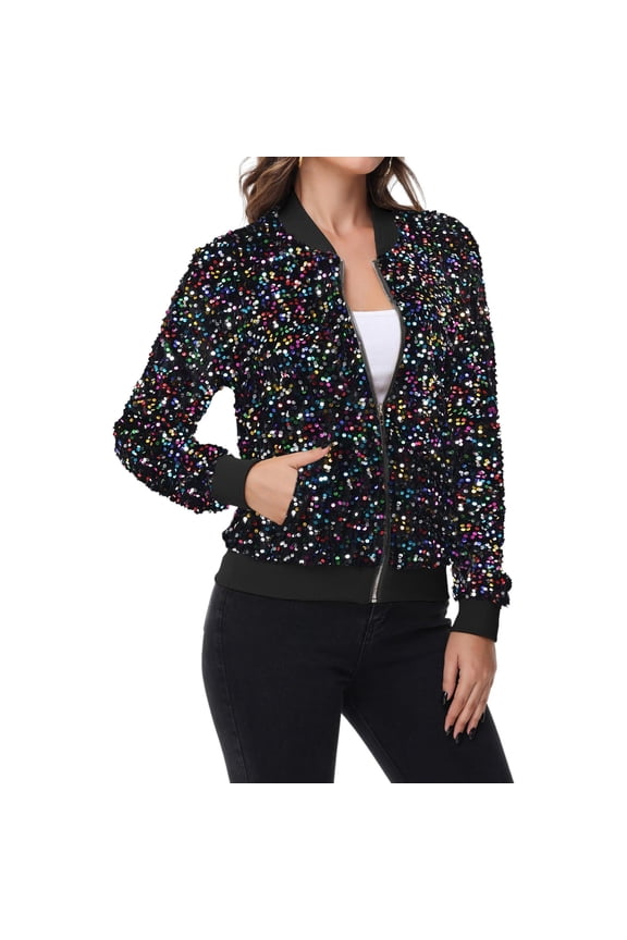 Women's Sequin Bomber Jacket Zip Front Ribbed Cuffs and Hem Pockets- XX Large, Candy