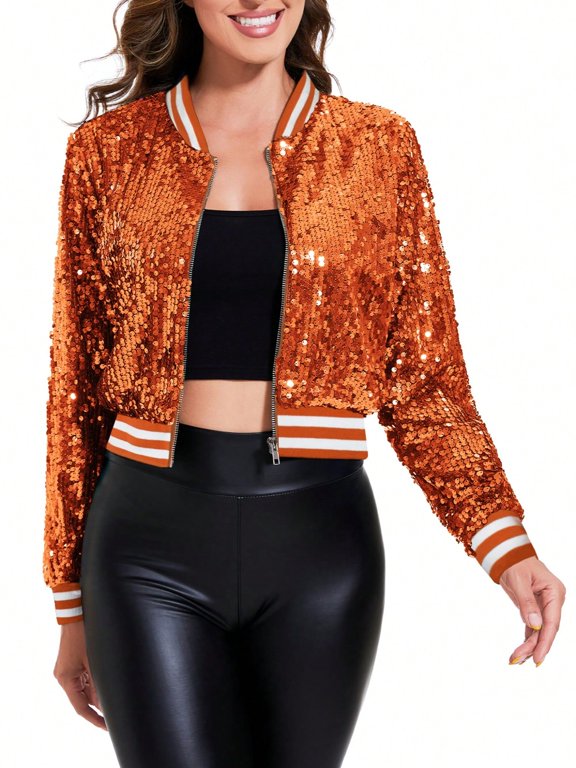 Women's Sequin Bomber Jacket with Striped Ribbed Trim and Zip Front- Large, Orange