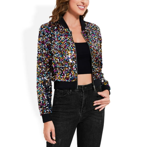 Women's Sequin Bomber Jacket with Striped Ribbed Trim and Zip Front- Medium, Multicolored