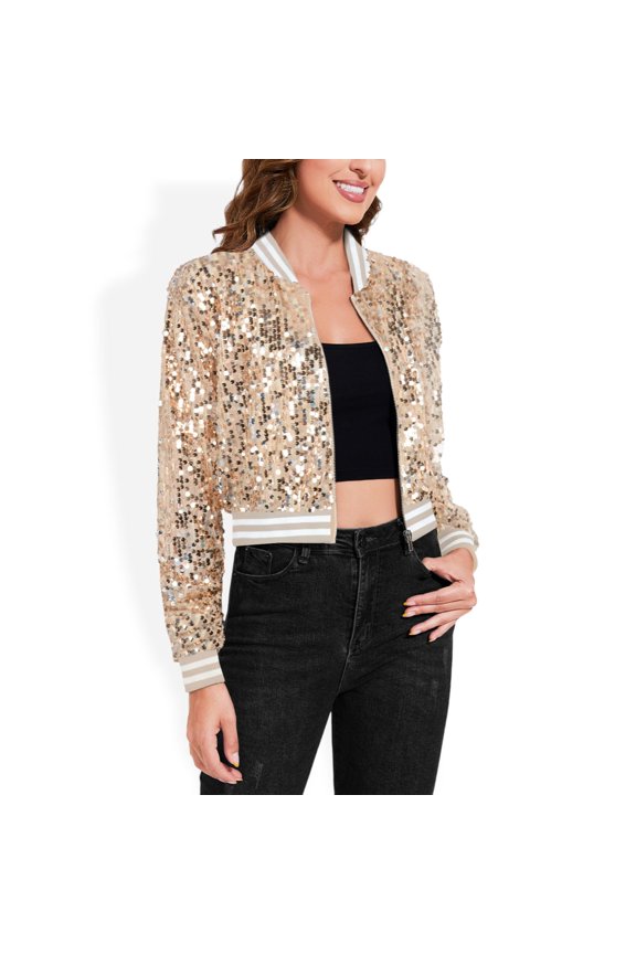 Women's Sequin Bomber Jacket with Striped Ribbed Trim and Zip Front- Small, Champagne