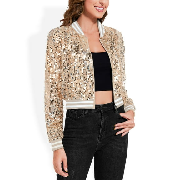 Women's Sequin Bomber Jacket with Striped Ribbed Trim and Zip Front- X Large, Champagne
