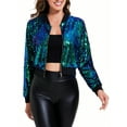 thumbnail image 1 of Women's Sequin Bomber Jacket with Striped Ribbed Trim and Zip Front- X Large, Mermaid, 1 of 6