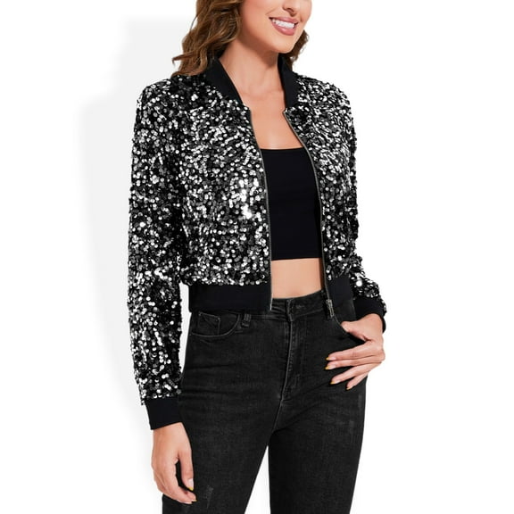 Women's Sequin Bomber Jacket with Striped Ribbed Trim and Zip Front- XX Large, Black Silver