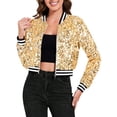 thumbnail image 1 of Women's Sequin Bomber Jacket with Striped Ribbed Trim and Zip Front- XX Large, Gold, 1 of 6