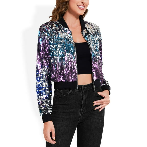 Women's Sequin Bomber Jacket with Striped Ribbed Trim and Zip Front- XX Large, Midnight