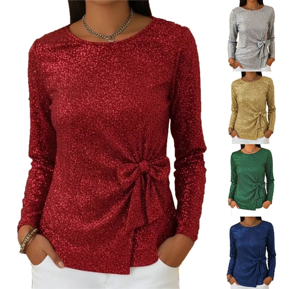 Women's Sequin Bow Detail Long Sleeve Pullover Top Shirt Blouse Crewneck Loose Fit Solid Color Soft Casual Daily Wear Work Office Vacation Fashion Essential Gift for Women