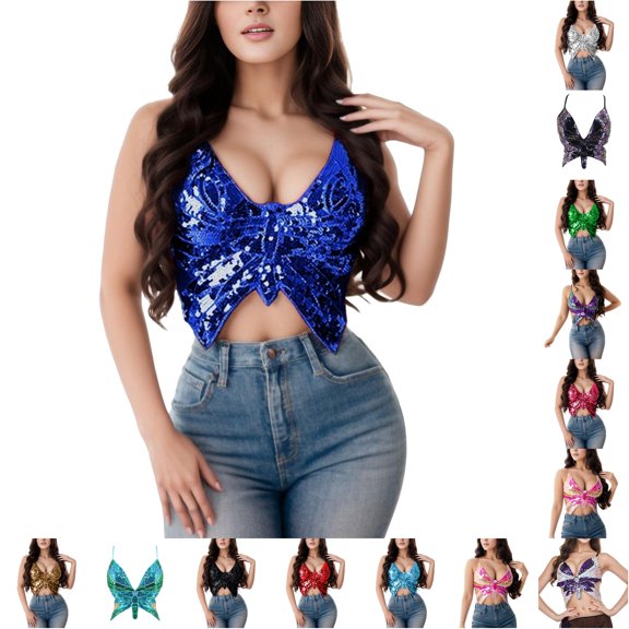 Women's Sequin Butterfly Tank Top Sparkly Crop Dance Vest for Performances