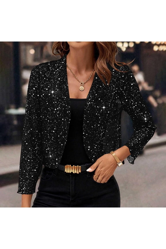 Women's Sequin Cardigan Dressy Long Sleeve Open Front Party Sparkly Cropped Coats Glitter Shiny Casual Thin Jackets Black XL