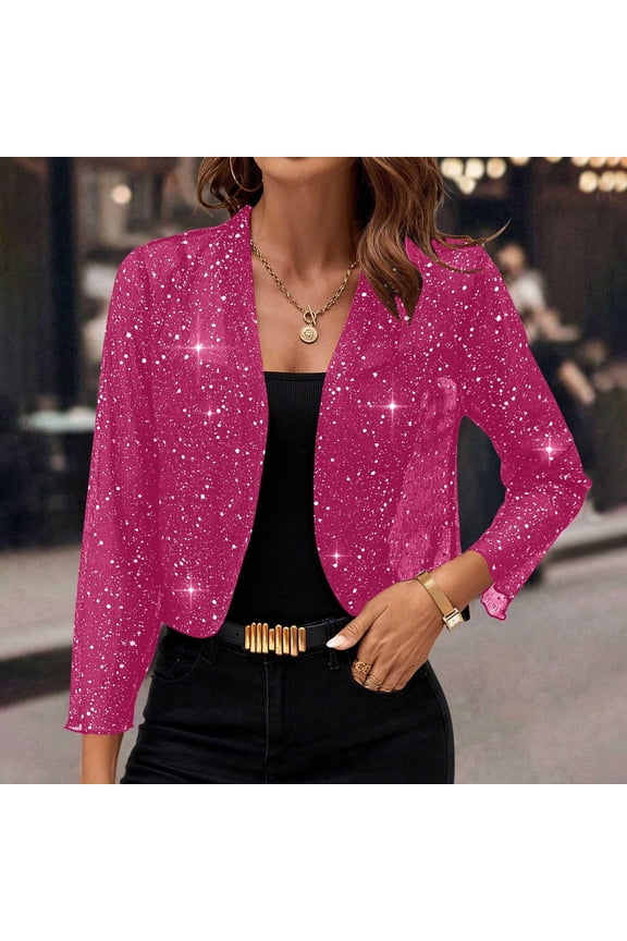 Women's Sequin Cardigan Dressy Long Sleeve Open Front Party Sparkly Cropped Coats Glitter Shiny Casual Thin Jackets Hot Pink M