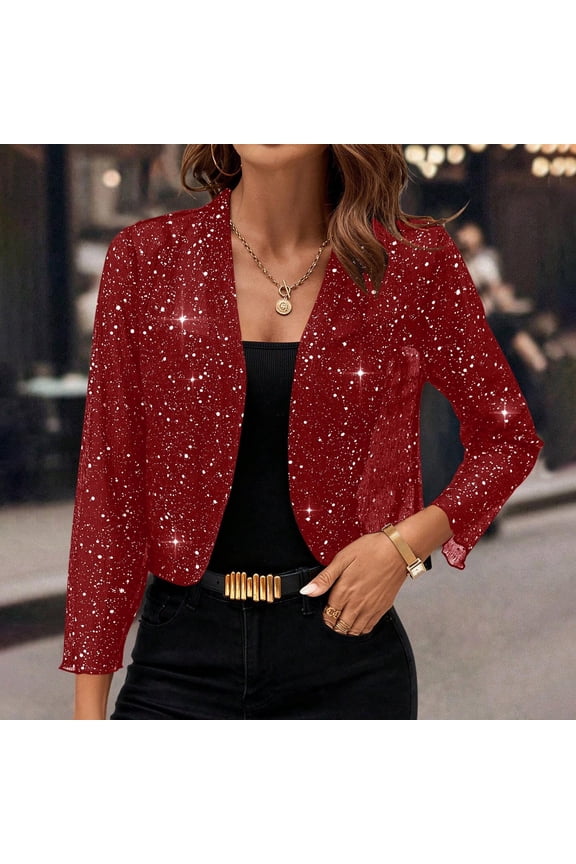 Women's Sequin Cardigan Dressy Long Sleeve Open Front Party Sparkly Cropped Coats Glitter Shiny Casual Thin Jackets Red 2XL