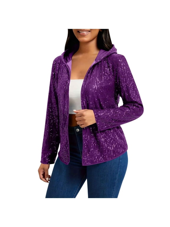 Women's Sequin Cardigan Jackets Open Front Long Sleeve Coat with Hooded 90S Y2K Streetwear Glitter Jacket
