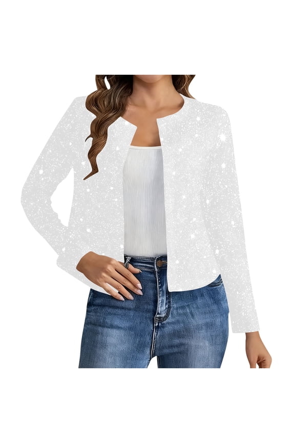 Women's Sequin Jacket Cropped Long Sleeve Short Party Wear Open Front Crewneck Blazer Coat Glitter Sparkly Crop Blazer Jacket Fashion Glitter Fall Top