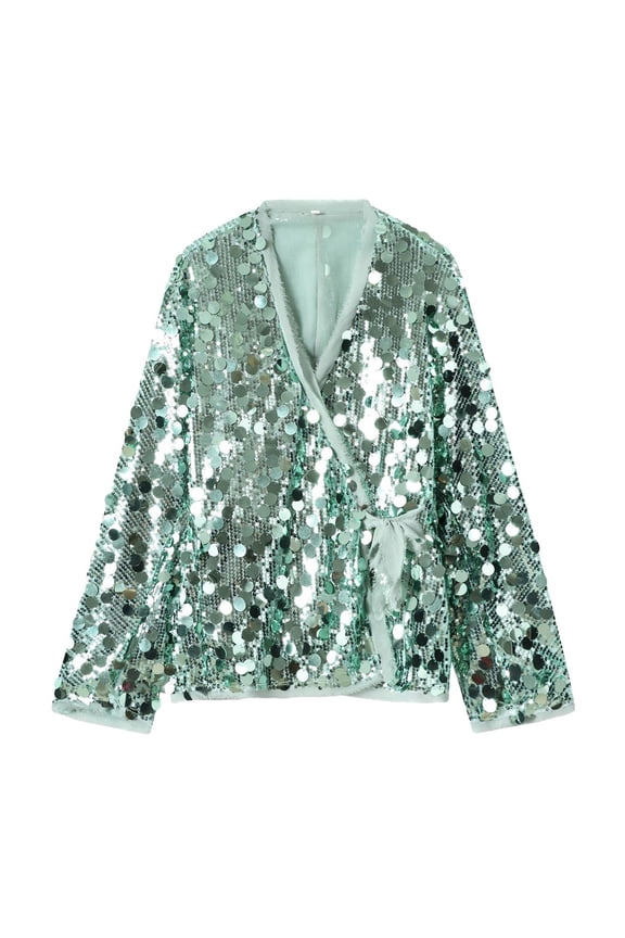 Women's Sequin Cardigan, Long Sleeve Open Front Top, Sparkly Cover-Up, Casual Party Wear, Shimmering Duster Coat, Evening Glitter Top, Lightweight Layering Piece Green