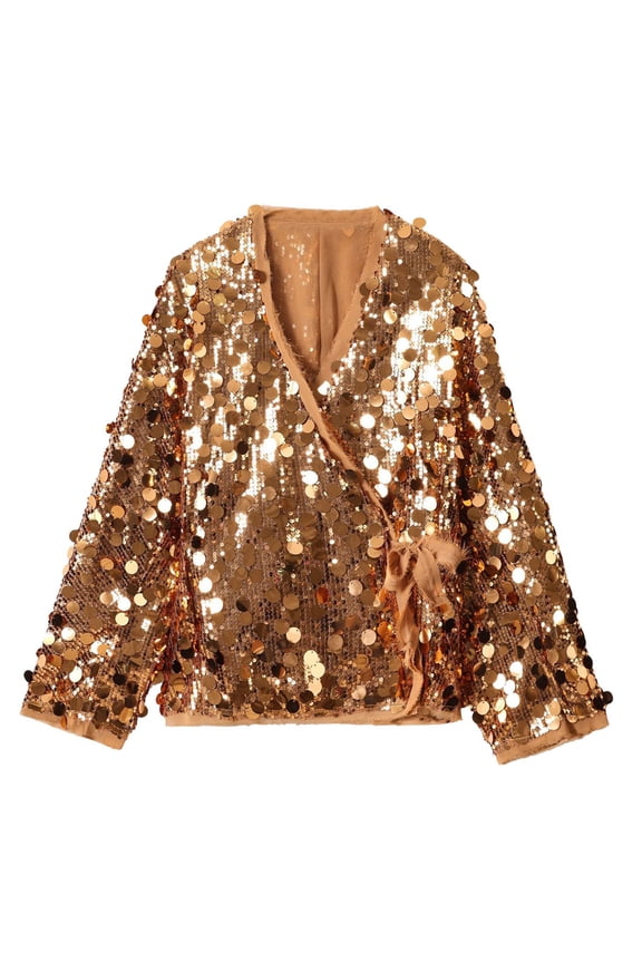 Women's Sequin Cardigan, Long Sleeve Open Front Top, Sparkly Cover-Up, Casual Party Wear, Shimmering Duster Coat, Evening Glitter Top, Lightweight Layering Piece Gold