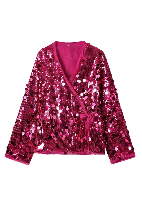 Women's Sequin Cardigan, Long Sleeve Open Front Top, Sparkly Cover-Up, Casual Party Wear, Shimmering Duster Coat, Evening Glitter Top, Lightweight Layering Piece Hot Pink