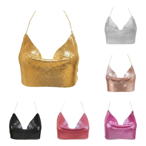 Women's Sequin Chain-Strap Crop Top Glitter Bustier for Club & Night Out,One Size