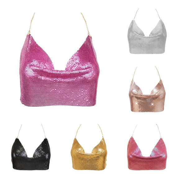Women's Sequin Chain-Strap Crop Top Glitter Bustier for Club & Night Out,One Size