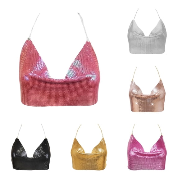 Women's Sequin Chain-Strap Crop Top Glitter Bustier for Club & Night Out,One Size
