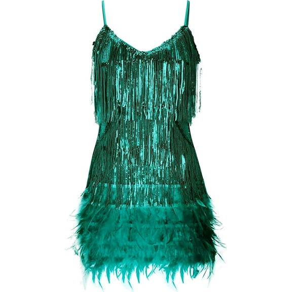 Women's Sequin Cocktail Dresses 1920s Flapper Dress Gatsby Fringe Mini Dresses Feather Prom Party Dress