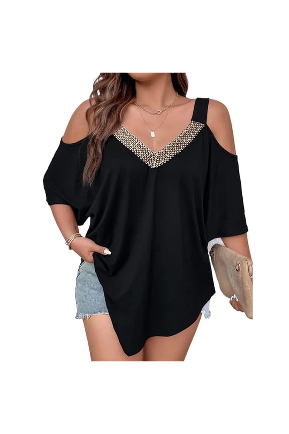 Women's Sequin Cold Shoulder Tops V Neck Short Sleeve Casual Loose Fit Summer Basic Tee Blouse Black 4XL