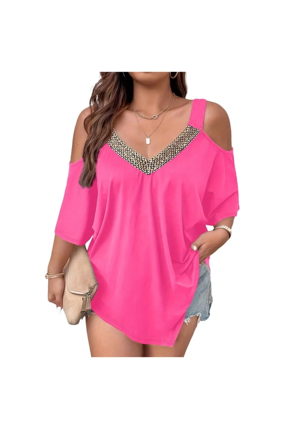 Women's Sequin Cold Shoulder Tops V Neck Short Sleeve Casual Loose Fit Summer Basic Tee Blouse Pink 2XL