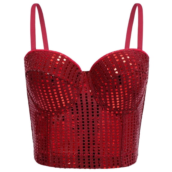 Women's Sequin Corset Bustier Spaghetti Strap Sparkly Cropped Cami Tops for Festival Night Club Red 40