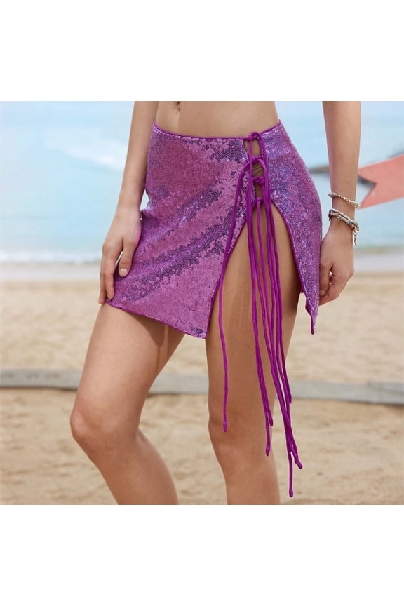 Women's Sequin Cover Up Solid Color Knit Bikini Cover Up Beach Skirt,Swimsuits for Women Purple S