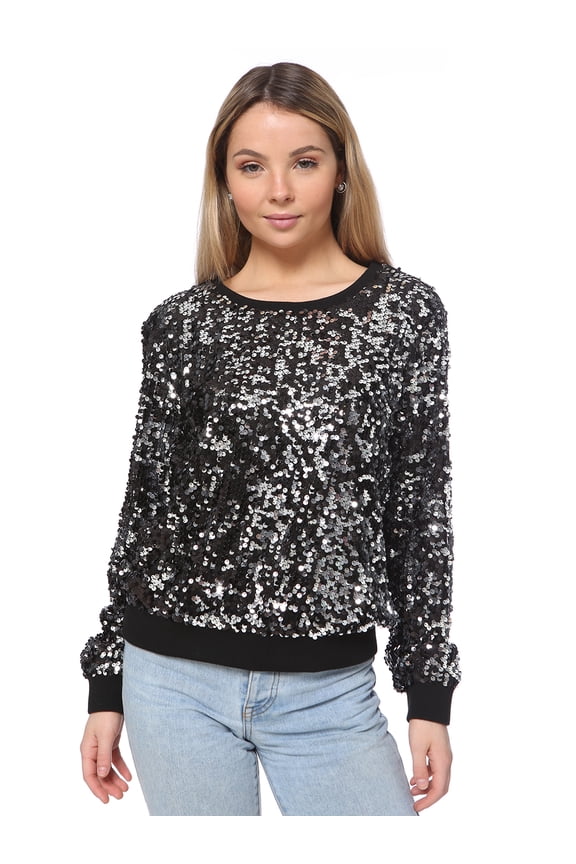 Women's Sequin Crewneck Sweatshirt Long Sleeve Sparkly Pullover Top, Black, Medium