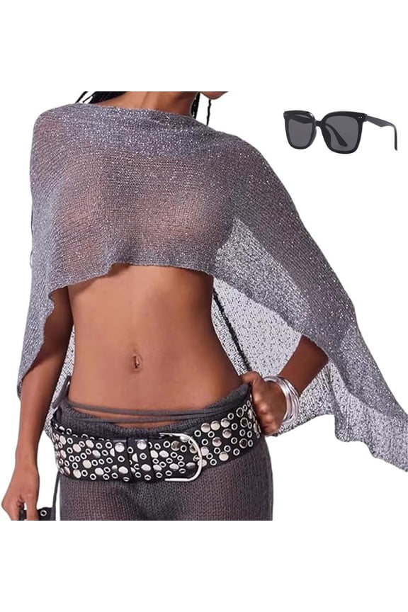 Women's Sequin Crochet Poncho, Sheer Mesh Knit Beach Cover Up Top
