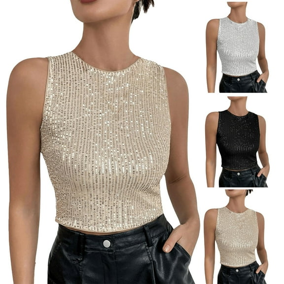 Women's Sequin Crop Tank Sleeveless Sparkle Detail Evening Wear Casual Top