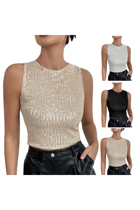 Women's Sequin Crop Tank Sleeveless Sparkle Detail Evening Wear Casual Top