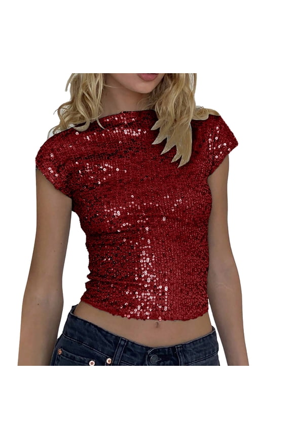Women's Sequin Crop Tops 2026 Fashion Sparkly Cap Sleeve Crew Neck Slim Fit Blouse Holiday Party Casual Pullover Tees