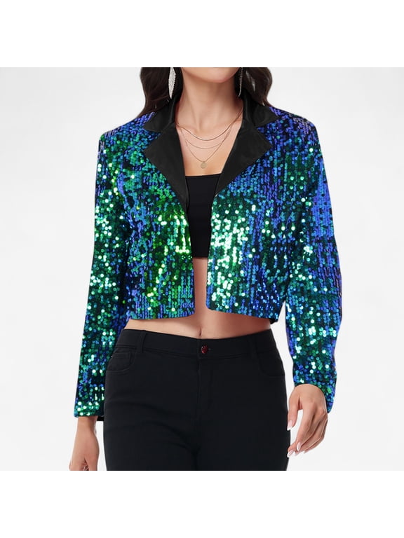 Women's Sequin Cropped Blazer Long Sleeve Sparkly Open Front Jacket - Large, Mermaid